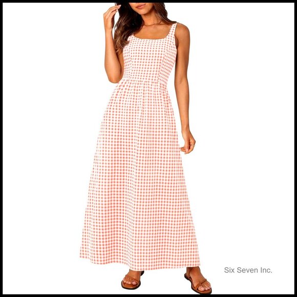 Dresses & Skirts - Plaid Maxi Sundress Square Neck Spaghetti Strap A-Line Smocked Back Pockets